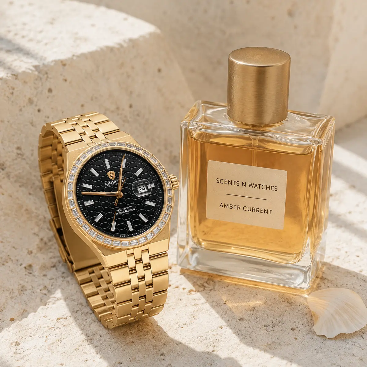 Gold Diver Steel × Amber Current — Watch + perfume bundle