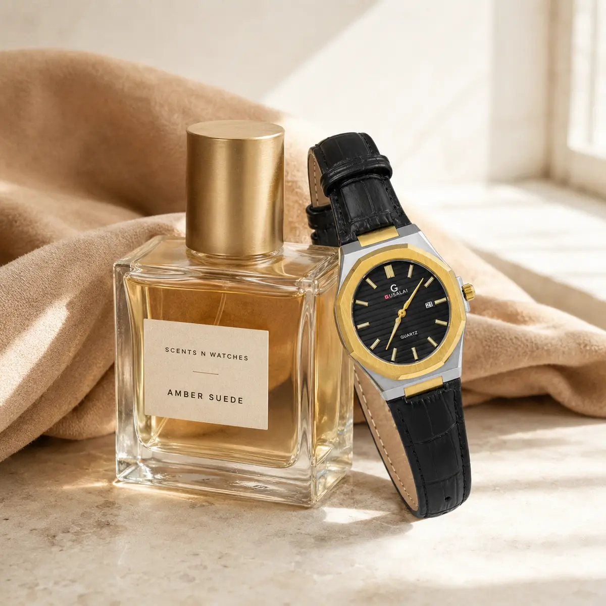 Black Gold Leather × Amber Suede — Watch + perfume bundle