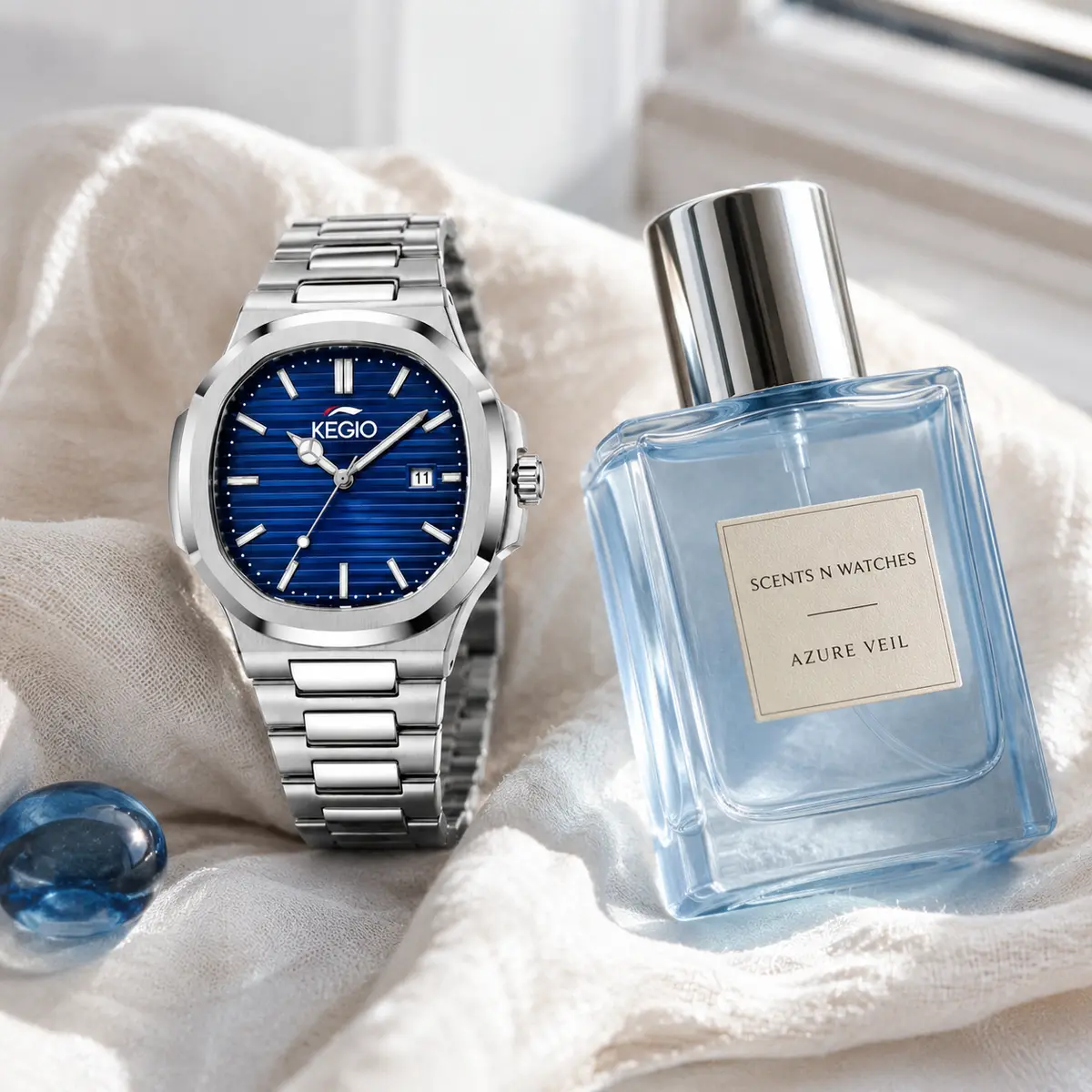 KEGO Cushion Date × Azure Veil — Watch + perfume bundle