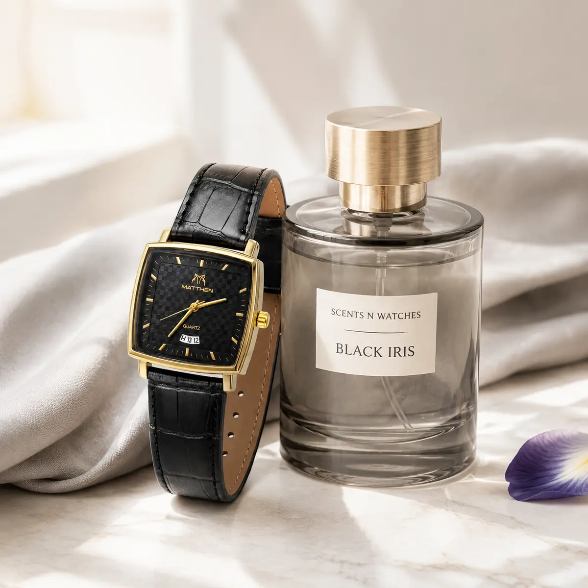 Rectangle Leather × Black Iris — Watch + perfume bundle