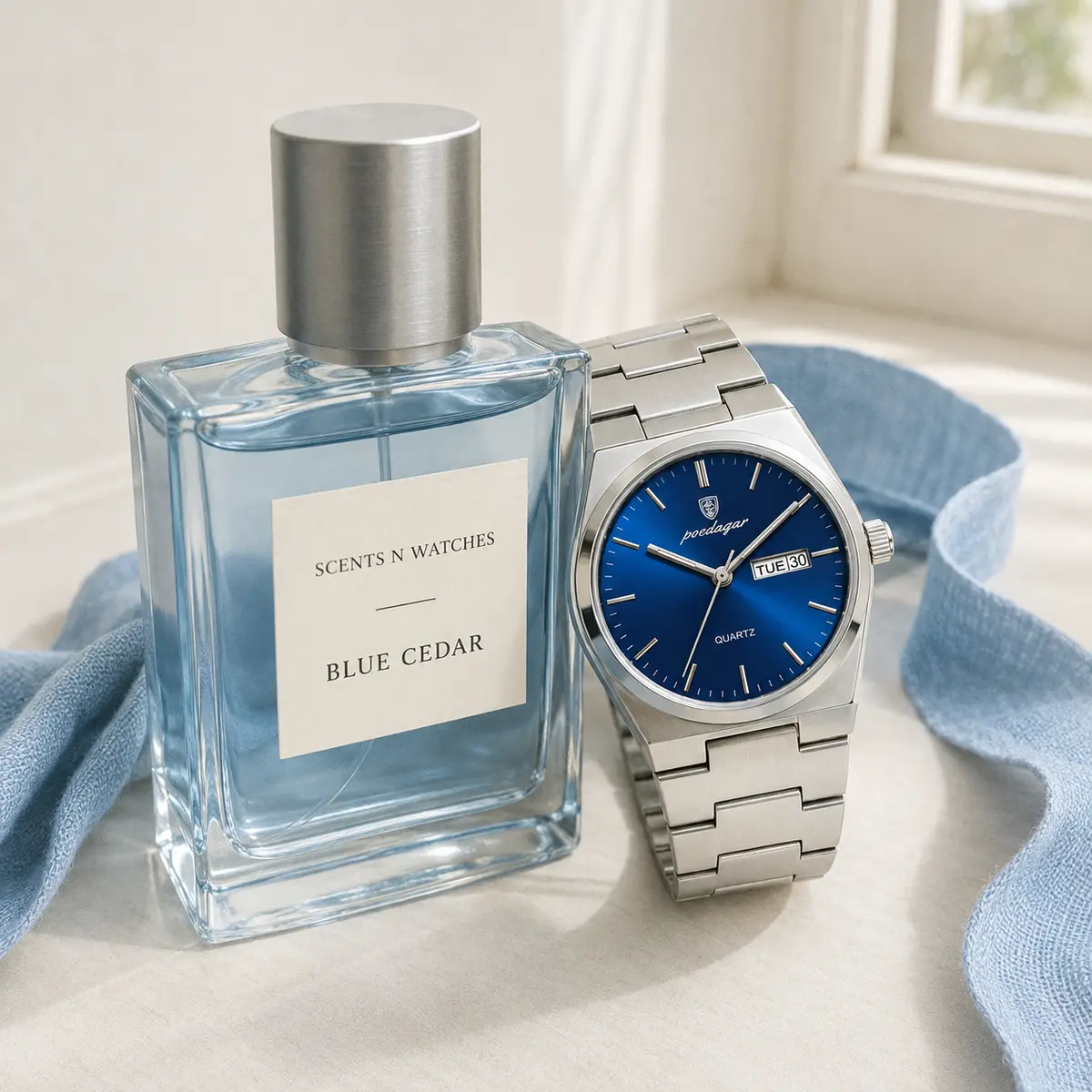 Integrated Calendar Steel × Blue Cedar — Watch + perfume bundle