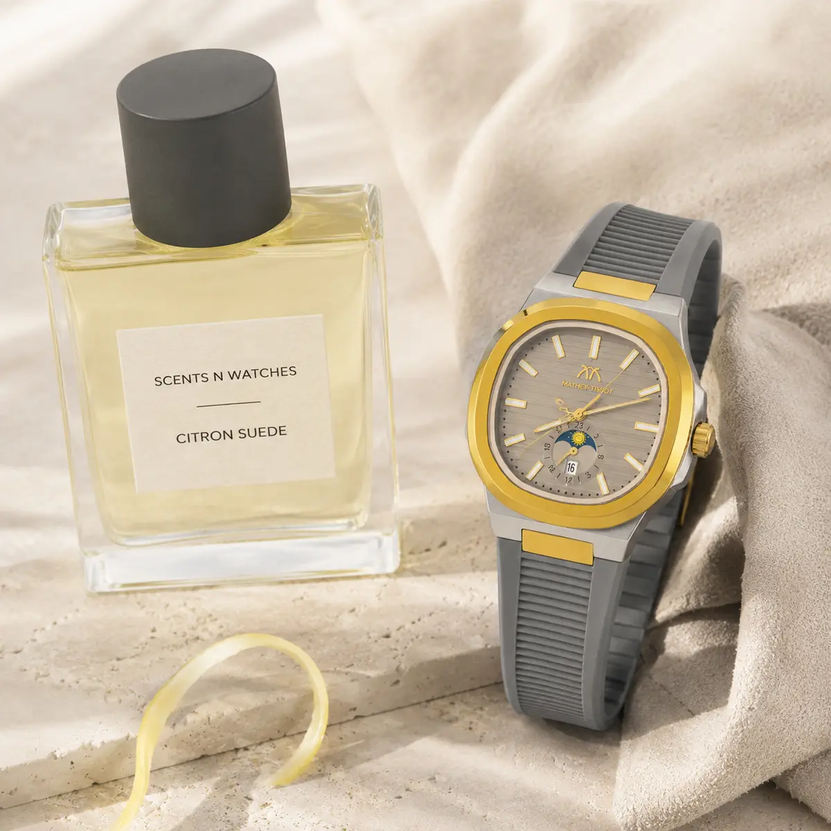 Gold-Bezel Grey Sport × Citron Suede — Watch + perfume bundle