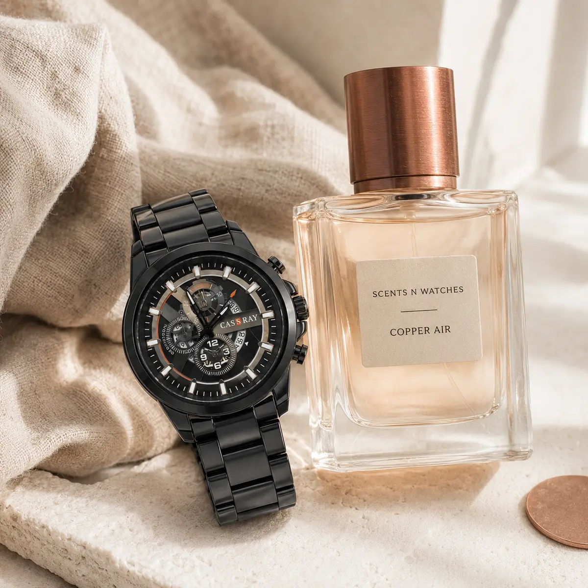 Noir Open-Work Steel × Copper Air — Watch + perfume bundle