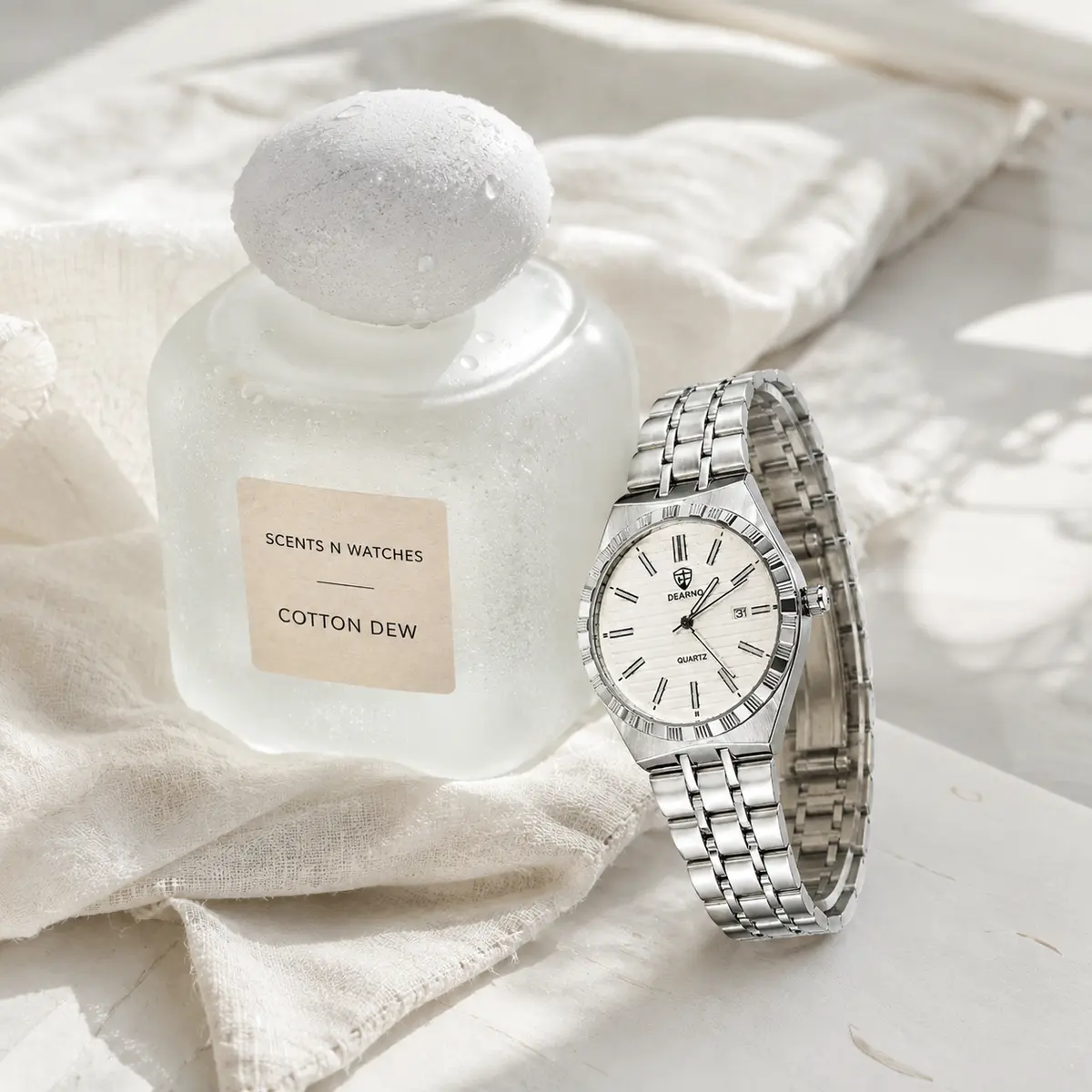 White Linear Steel × Cotton Dew — Watch + perfume bundle