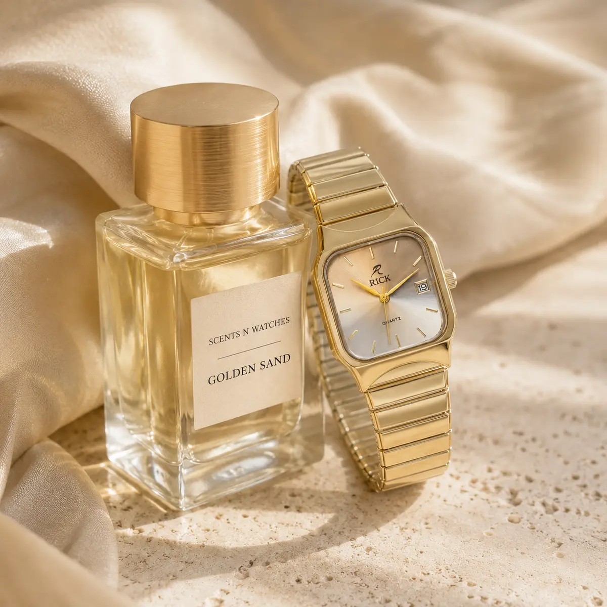 Rectangle Flex × Golden Sand — Watch + perfume bundle