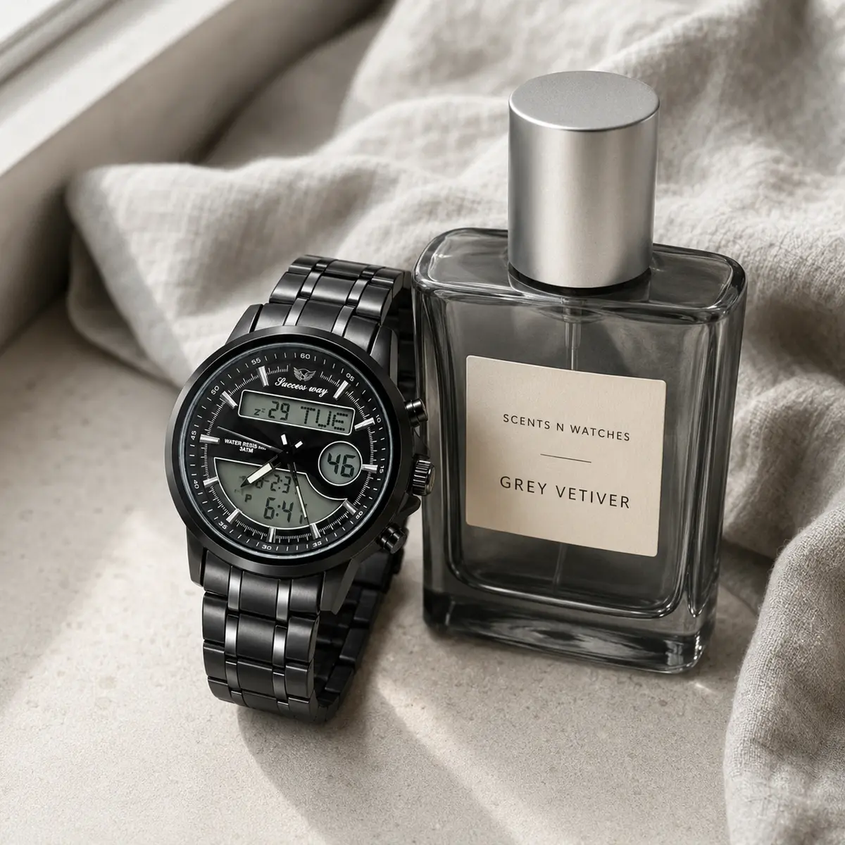 Success Way Dual-Time × Grey Vetiver — Watch + perfume bundle