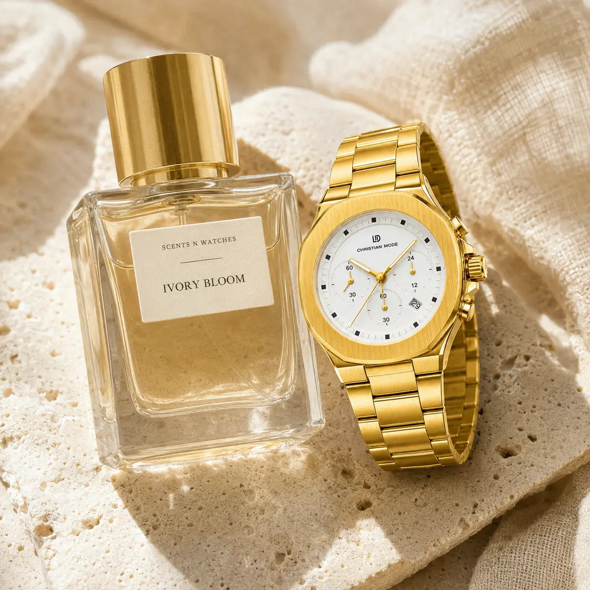 Sovereign Gold × Ivory Bloom — Watch + perfume bundle