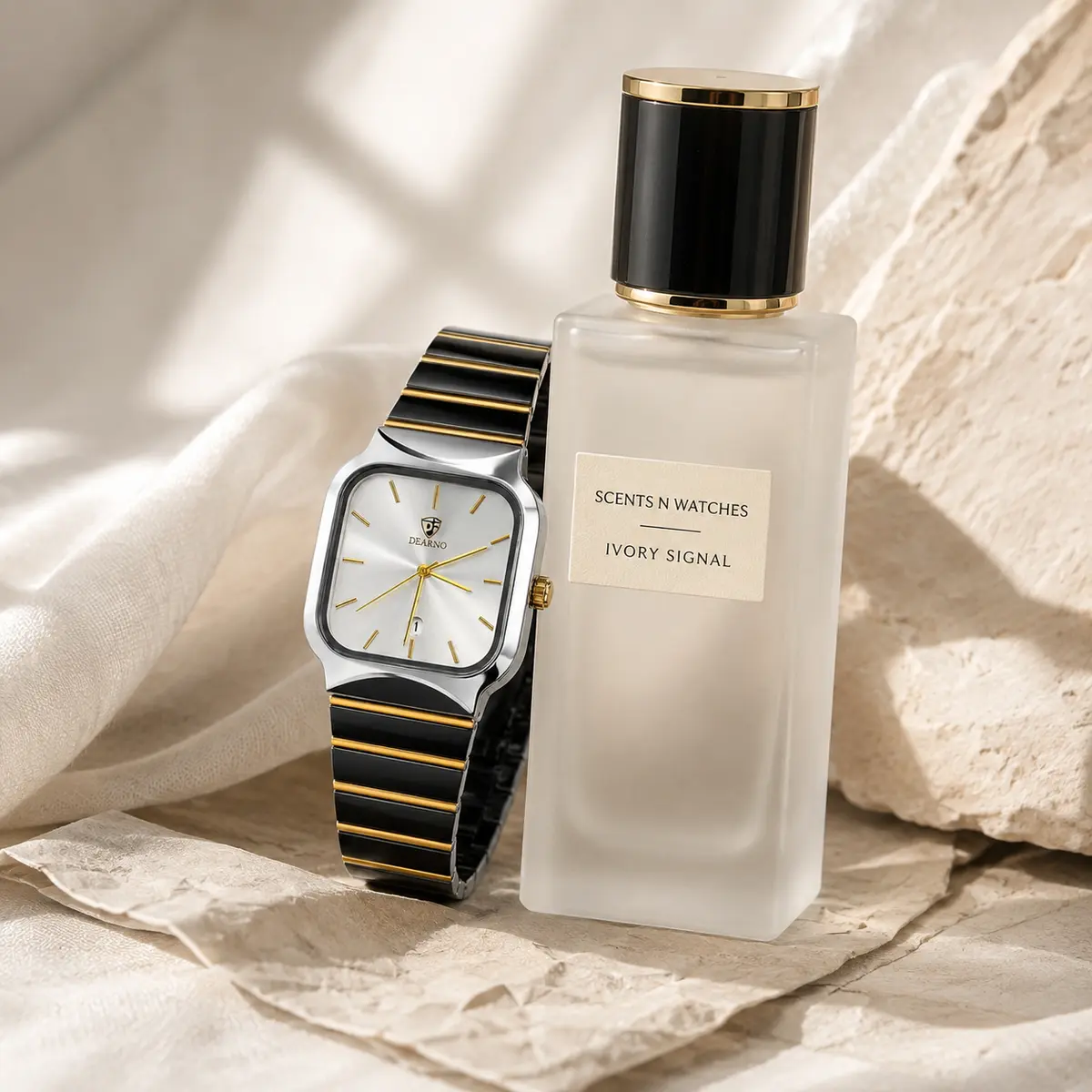 Ivory Rectangle Steel × Ivory Signal — Watch + perfume bundle