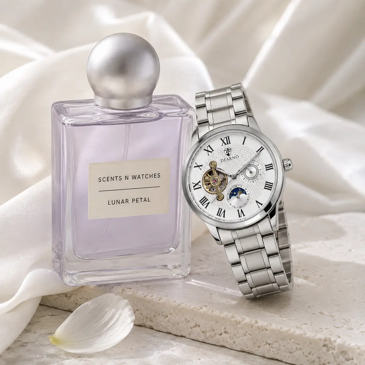 Open-Heart Moonphase × Lunar Petal — Watch + perfume bundle