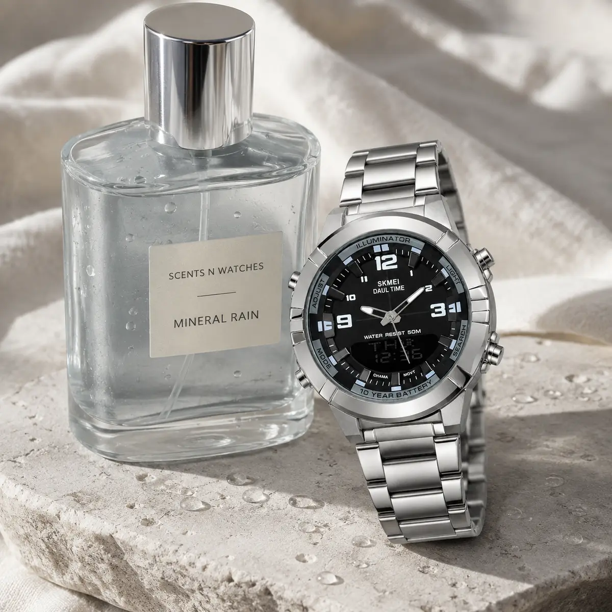 Silver Dual-Time Sport × Mineral Rain — Watch + perfume bundle