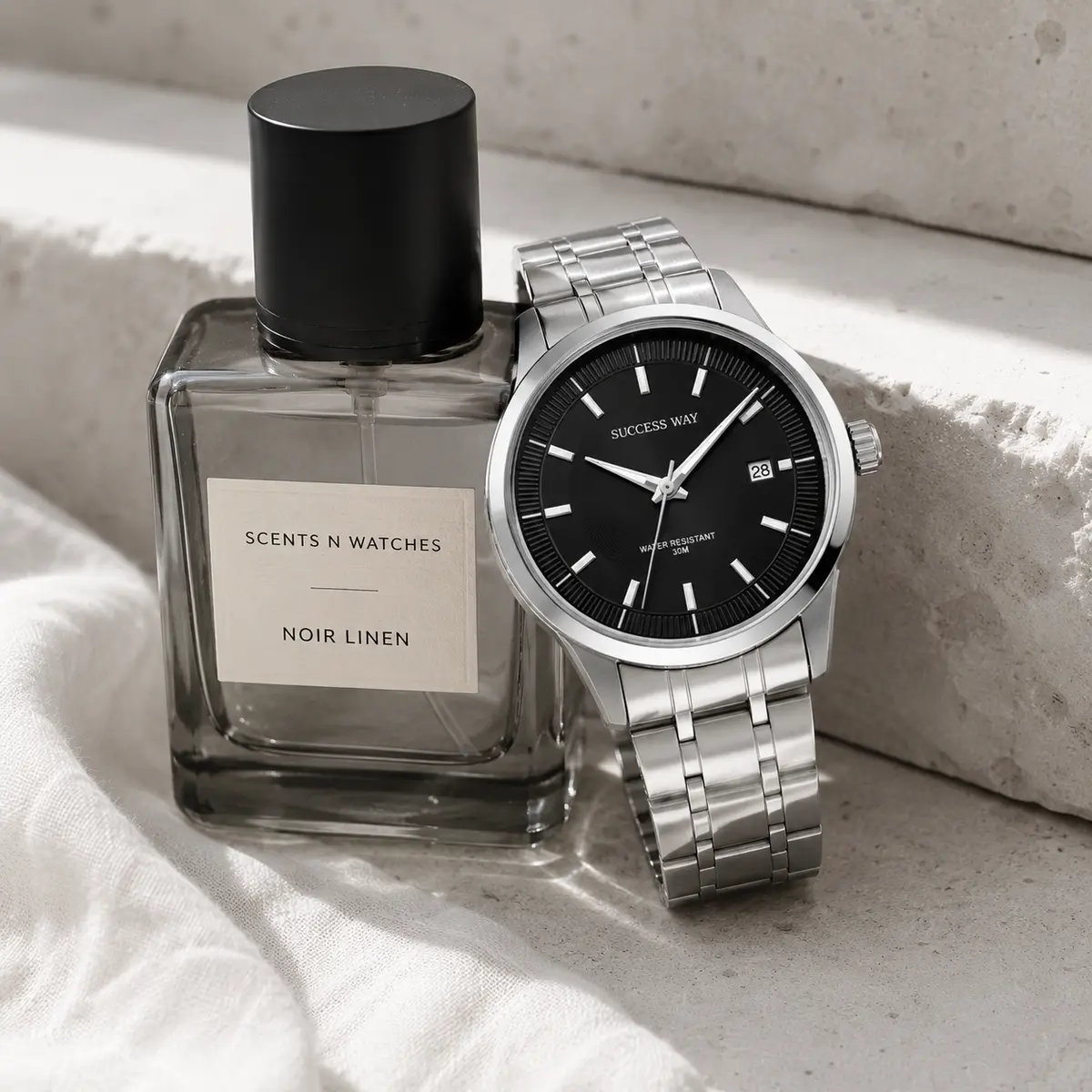 Silver Black Classic × Noir Linen — Watch + perfume bundle