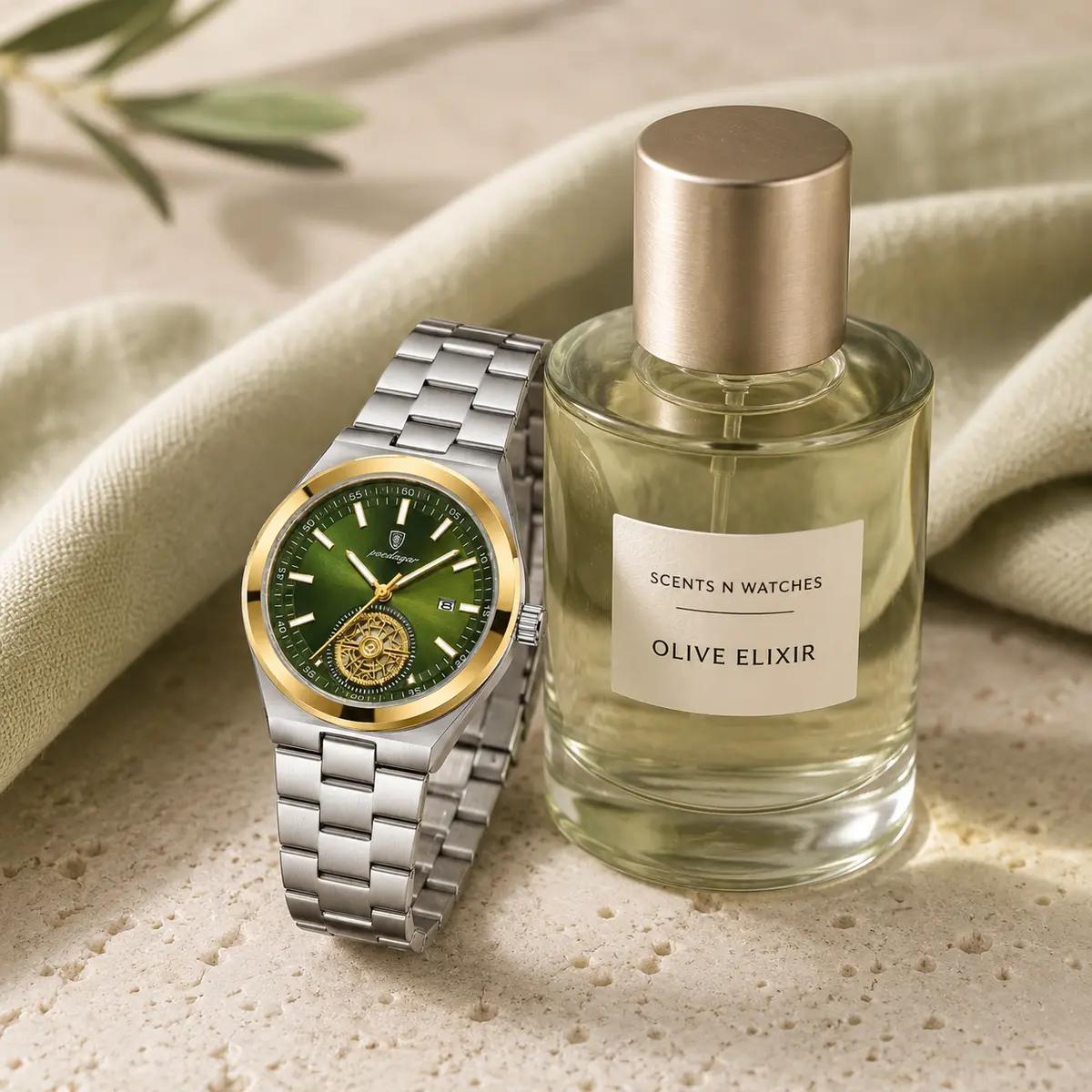 Open-Heart Steel × Olive Elixir — Watch + perfume bundle