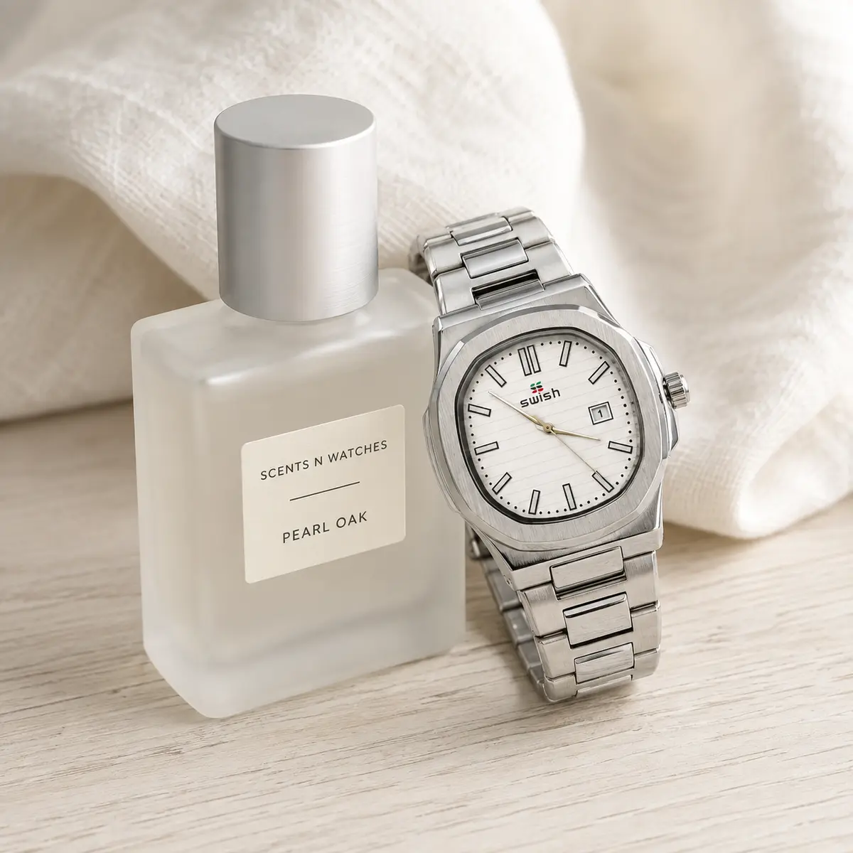 White Cushion Date Steel × Pearl Oak — Watch + perfume bundle