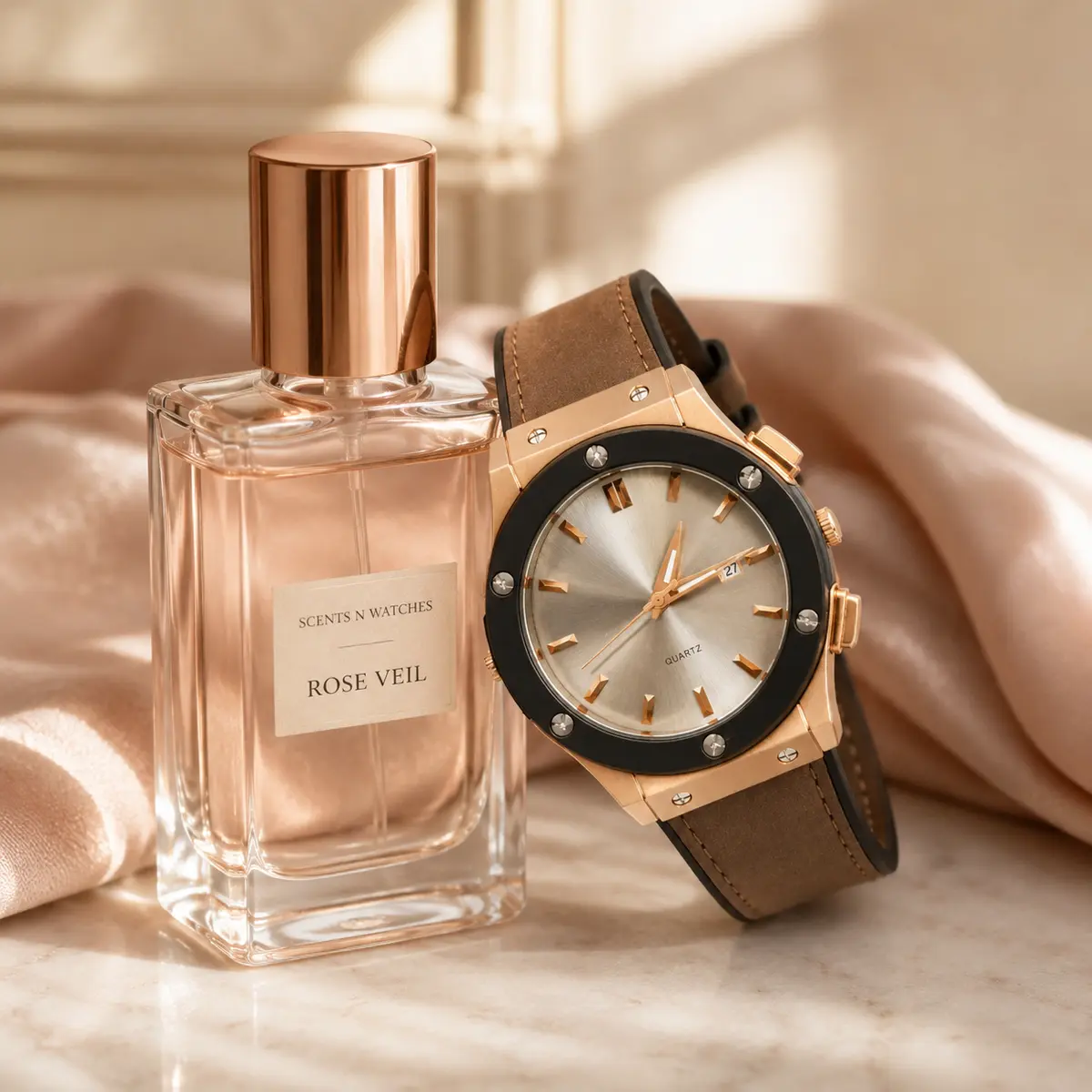 Aurum Leather × Rose Veil — Watch + perfume bundle