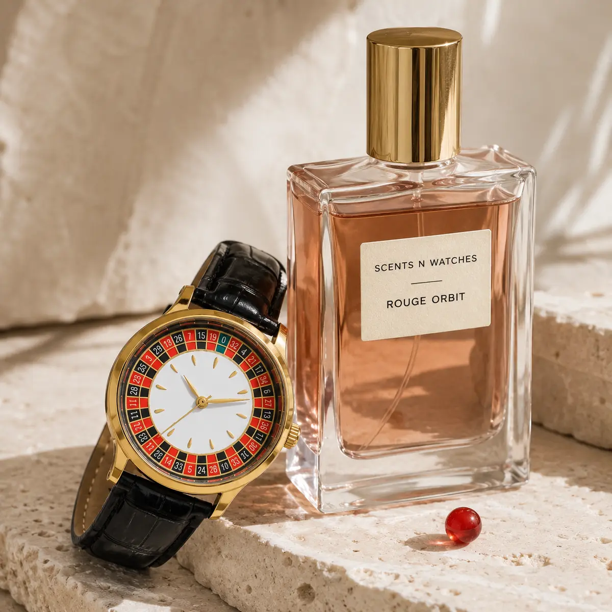 Roulette Gold Leather × Rouge Orbit — Watch + perfume bundle