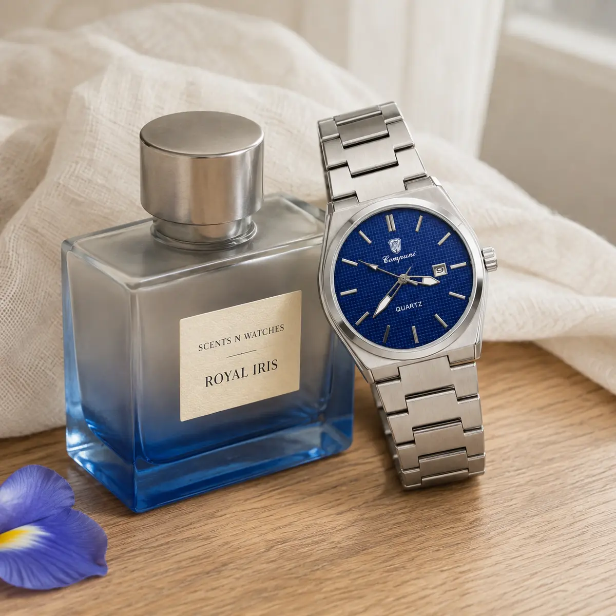 Blue Grid Integrated Date × Royal Iris — Watch + perfume bundle