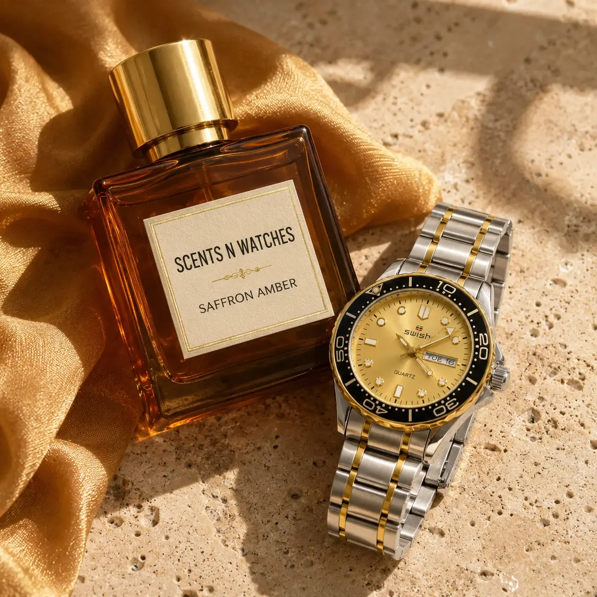 Two-Tone Diver × Saffron Amber — Watch + perfume bundle