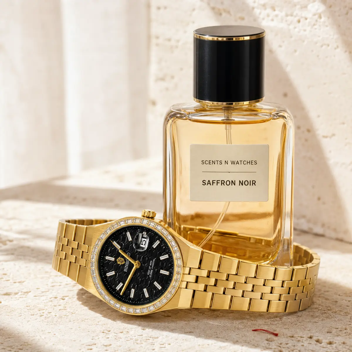 Black Honeycomb Gold × Saffron Noir — Watch + perfume bundle