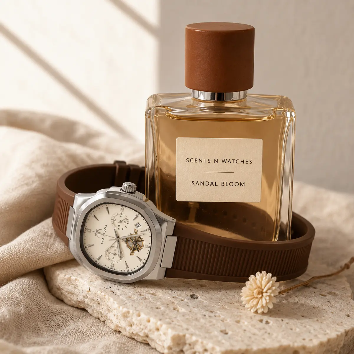 Ivory Open-Heart × Sandal Bloom — Watch + perfume bundle