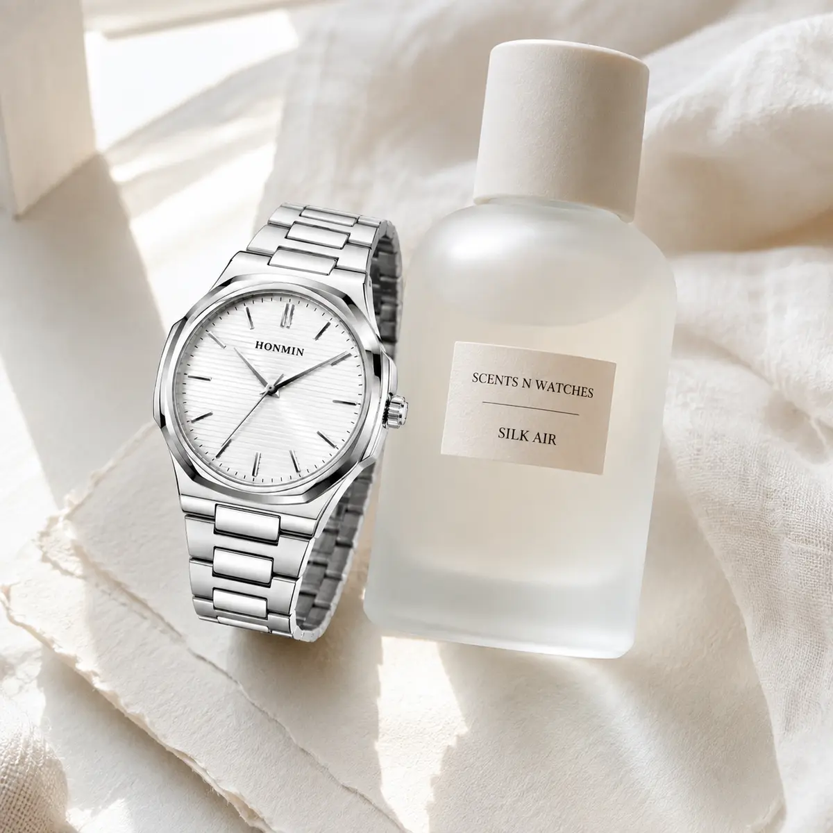 Silver White Integrated × Silk Air — Watch + perfume bundle