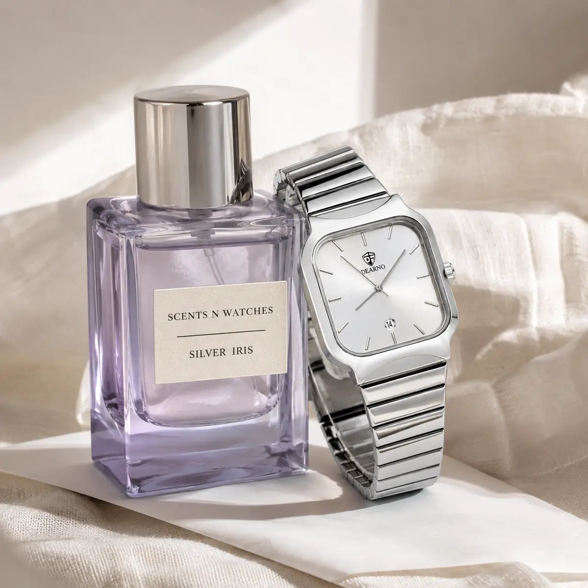Graphite Rectangle Steel × Silver Iris — Watch + perfume bundle