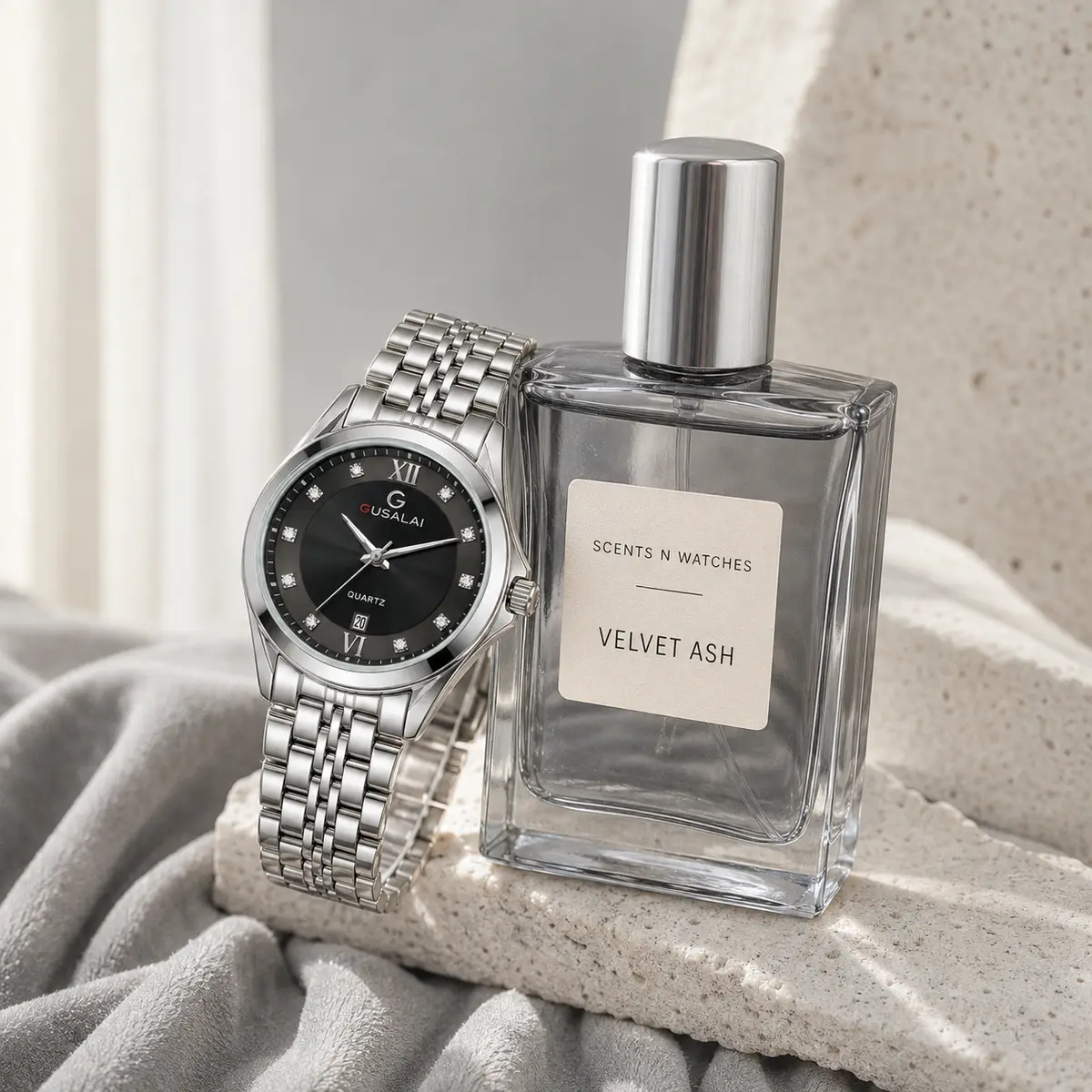 Graphite Crystal Jubilee × Velvet Ash — Watch + perfume bundle