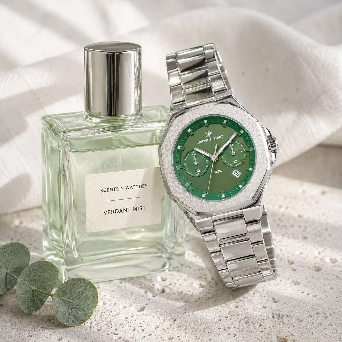 Silver Emerald Chronograph × Verdant Mist — Watch + perfume bundle