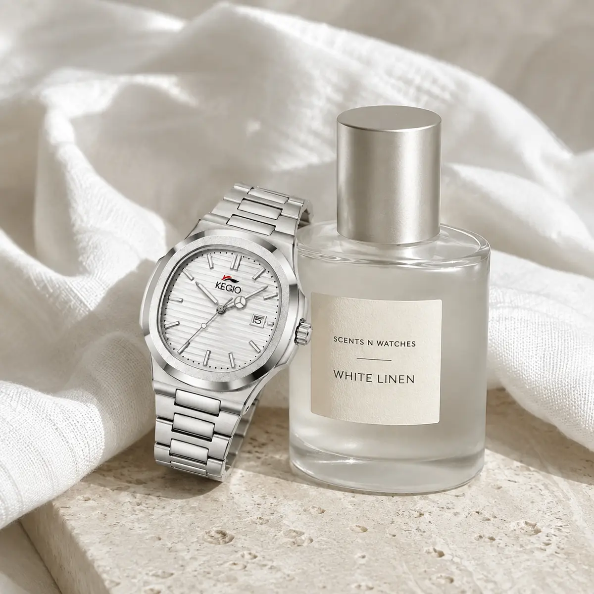 KEGO Cushion Date × White Linen — Watch + perfume bundle