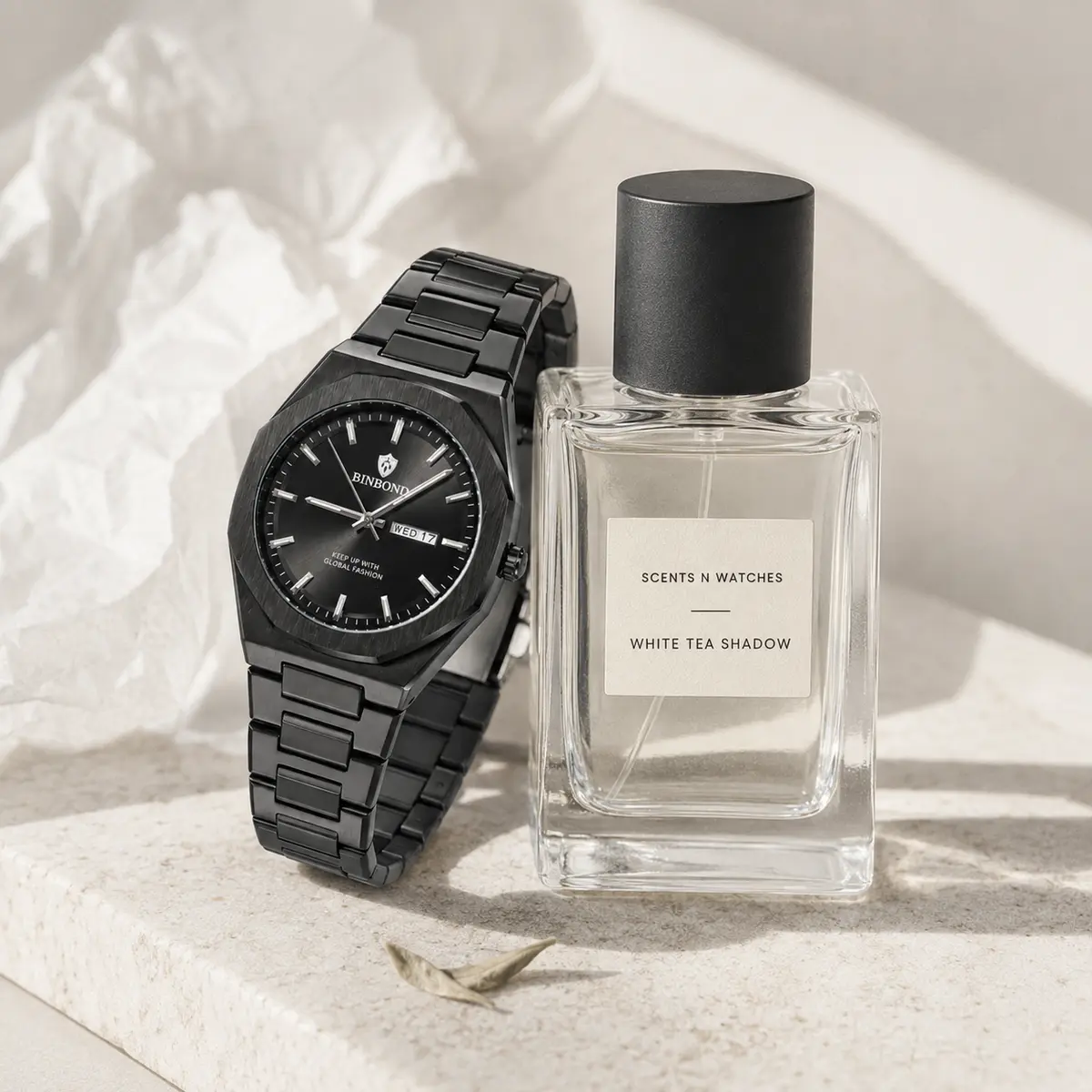Black Steel Sport × White Tea Shadow — Watch + perfume bundle