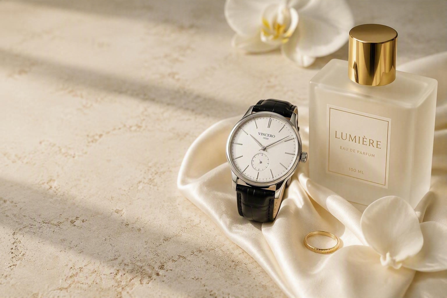 Luxury watch and perfume bottle on ivory silk — Scents & Watches boutique